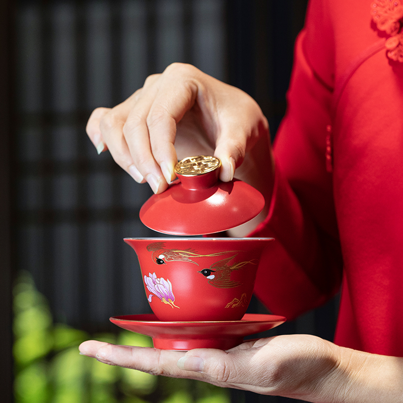 比翼连理婚庆改口敬茶杯一对结婚陶瓷送新人礼物喜杯陪嫁礼盒套装