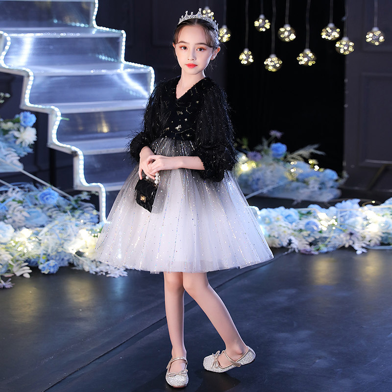 女童黑色礼服公主裙生日走秀钢琴演出服演奏儿童主持人表演长袖秋