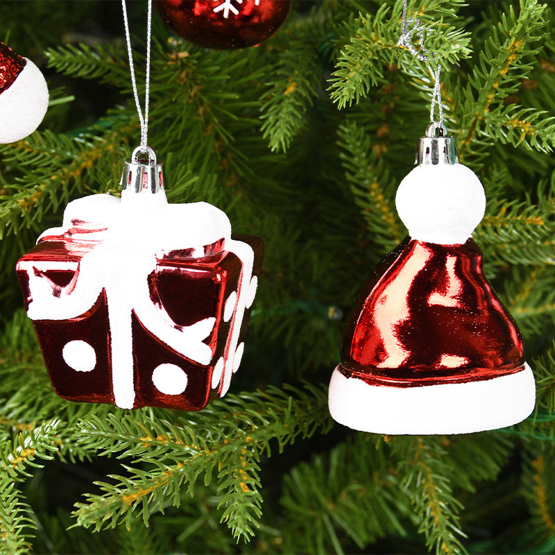 圣诞装饰品红白彩绘圣诞帽袜子手套礼物盒套装吊饰圣诞树装饰挂件