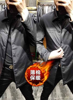 20987春季新款男中长款黑色风衣时尚翻领夹克男士春装休闲外套潮