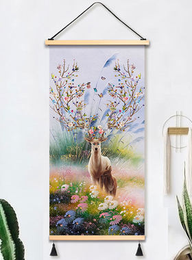 入户玄关布艺画装饰画挂画发财鹿背景墙壁画走廊沙发卧室书房画