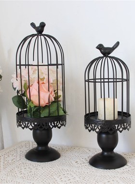 黑色烛台装饰鸟笼铁件烛台复古套二简约家居饰品装饰摆件多肉花盆