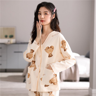 春秋季女士睡衣单件上衣纯棉长袖开衫宽松V领休闲家居服上装外穿