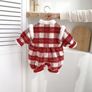 婴儿衣服加厚连体外出女宝宝冬装新年拜年过年洋气夹棉服一岁冬季