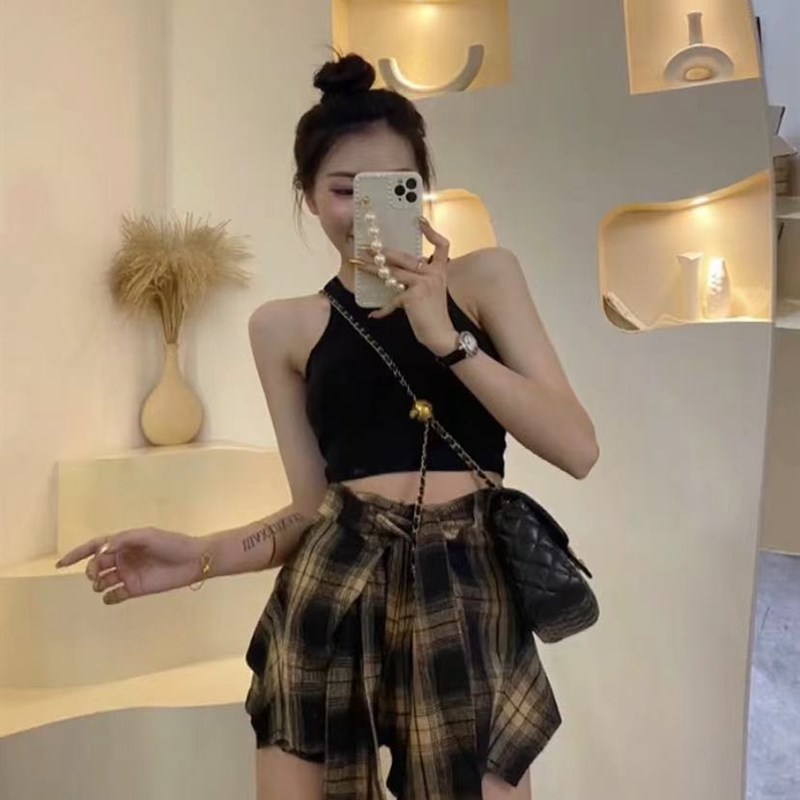 复古高腰不规则格子绑带裙裤女2025夏季短款背心假两件格纹半身裙