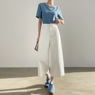 浅色七分牛仔裤女春夏季薄款高腰显瘦小个子八分宽松直筒阔腿裤子