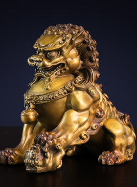 《宫门狮》铜金岁月黄铜狮子摆件新中式工艺品客厅玄关桌面装饰品