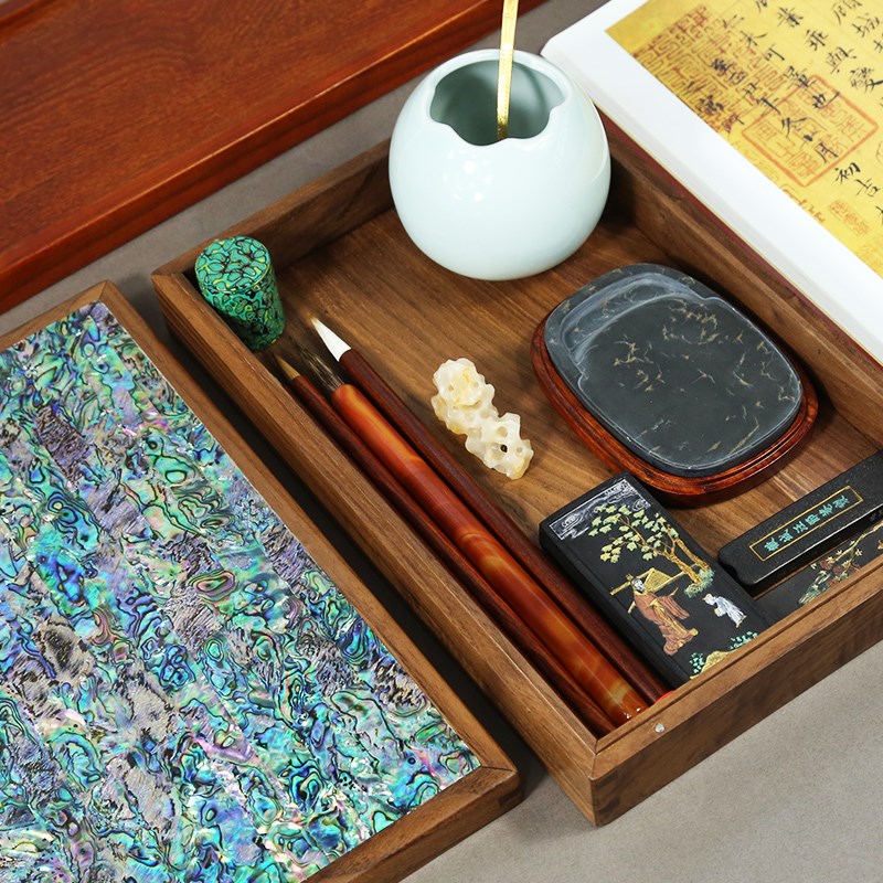 赋比兴 国家非遗 黑胡桃木镶嵌螺钿文盒 毛笔墨块文房四宝收纳盒