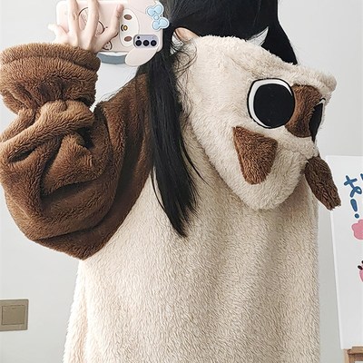 可爱暹罗小猫小豆泥睡衣冬季女加绒加厚可外穿家居服连帽长款睡袍