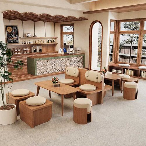 侘寂风奶茶店咖啡厅卡座沙发甜品C店蛋糕烘焙店休息区洽谈桌椅组