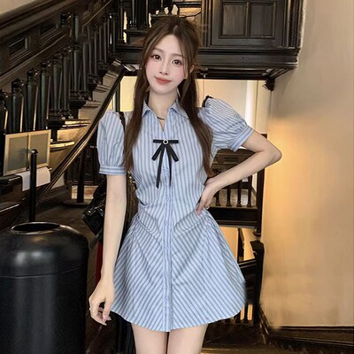 2025新款夏季学院风洋气修身收腰显瘦裙子条纹衬衫休闲连衣裙6727