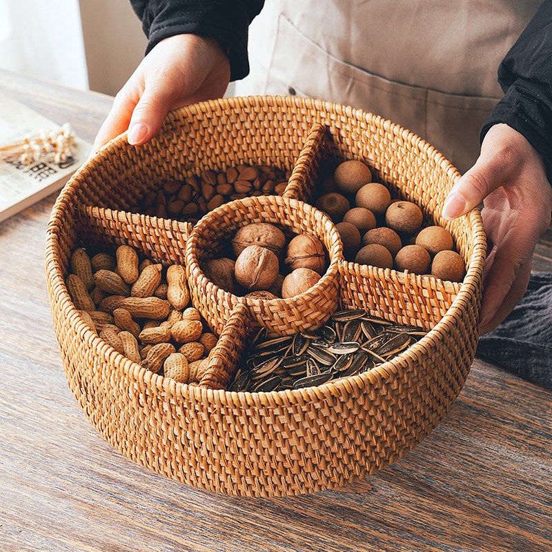 藤编分格干果盘家用零食瓜子盘糖果盒客厅茶几带盖小吃坚果点心碟