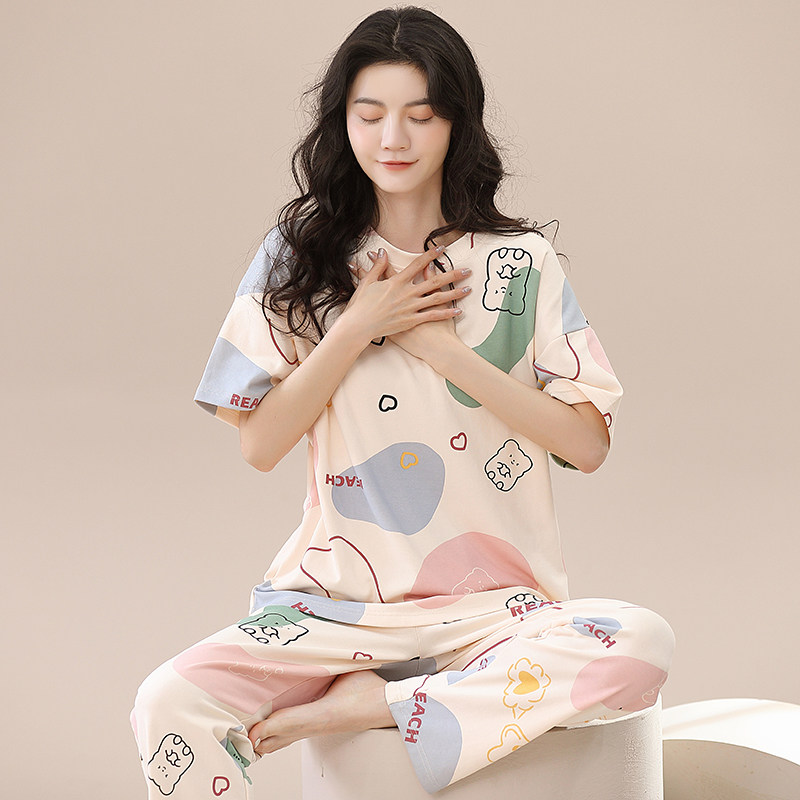2023年新款睡衣女夏纯棉短袖长裤春夏款少女可外穿家居服薄款套装