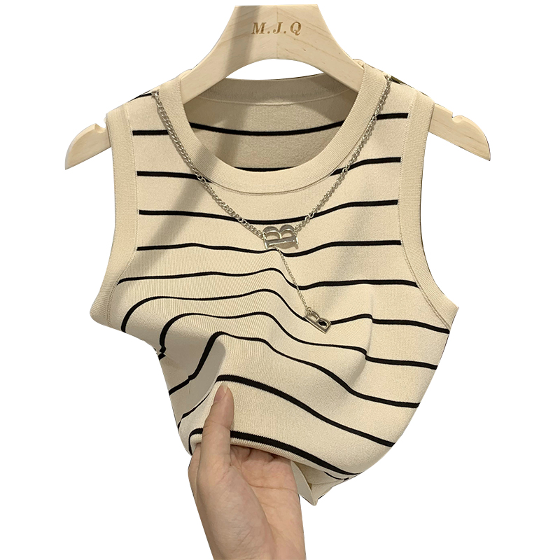 防走光条纹针织小吊带背心女装夏季宽肩带短袖内搭打底衫修身上衣