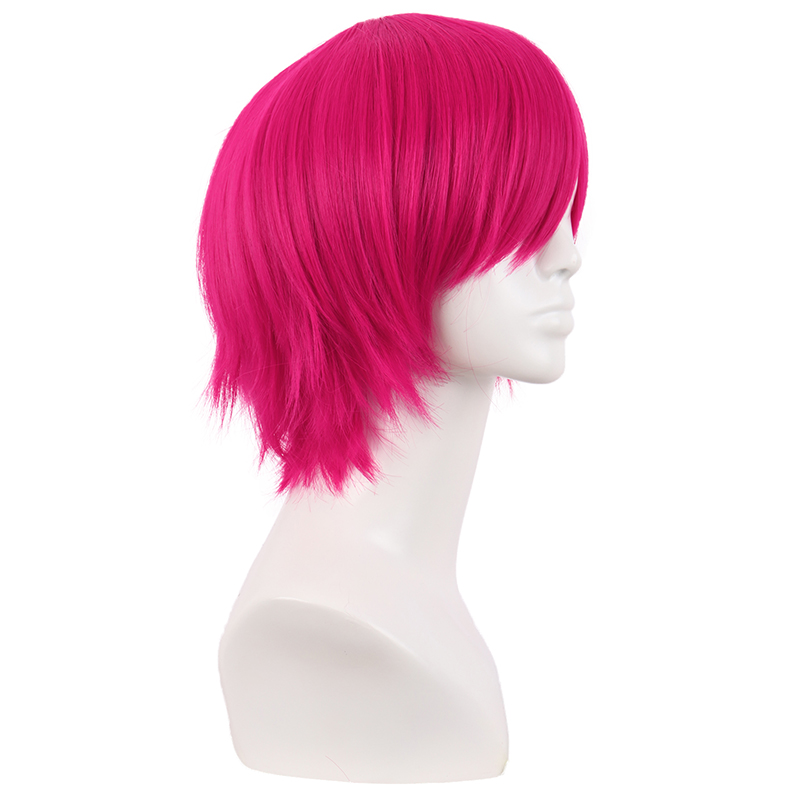 潼漫 cos假发男女适用短发30CM万用反翘直发玫红色动漫假毛全头套