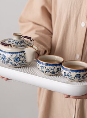 敦铭堂青花汝窑旅行茶具套装便携式一壶两杯快客杯户外一人泡茶杯