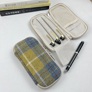 布邑粗纺格子毛呢笔包三支装笔袋钢笔套收纳大容量文具笔袋拉链包