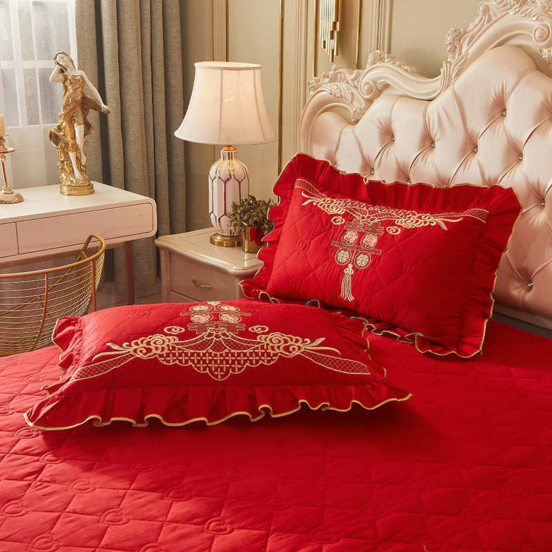 结婚大红色全棉四件套纯棉牀裙中式加厚牀罩喜庆龙凤被套婚庆牀组