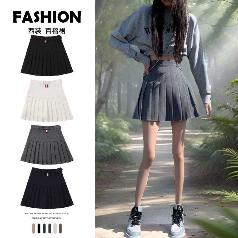 百褶裙女夏季高腰a字裙显瘦半身裙学生灰色西装面料学院风短裙裤