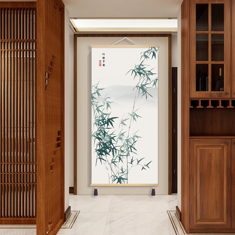 新中式禅意中国风竹报平安装饰画挂画入户玄关水墨翠绿素壁画布艺