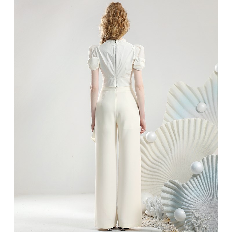 茬客轻熟气质白色套装25年夏季新款修身挂脖上衣高腰显瘦长裤女装