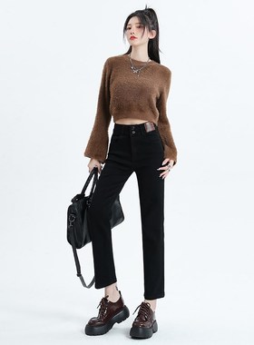 KRO黑色直筒宽松高腰牛仔裤女2024新款小个子修身显瘦九分烟管裤