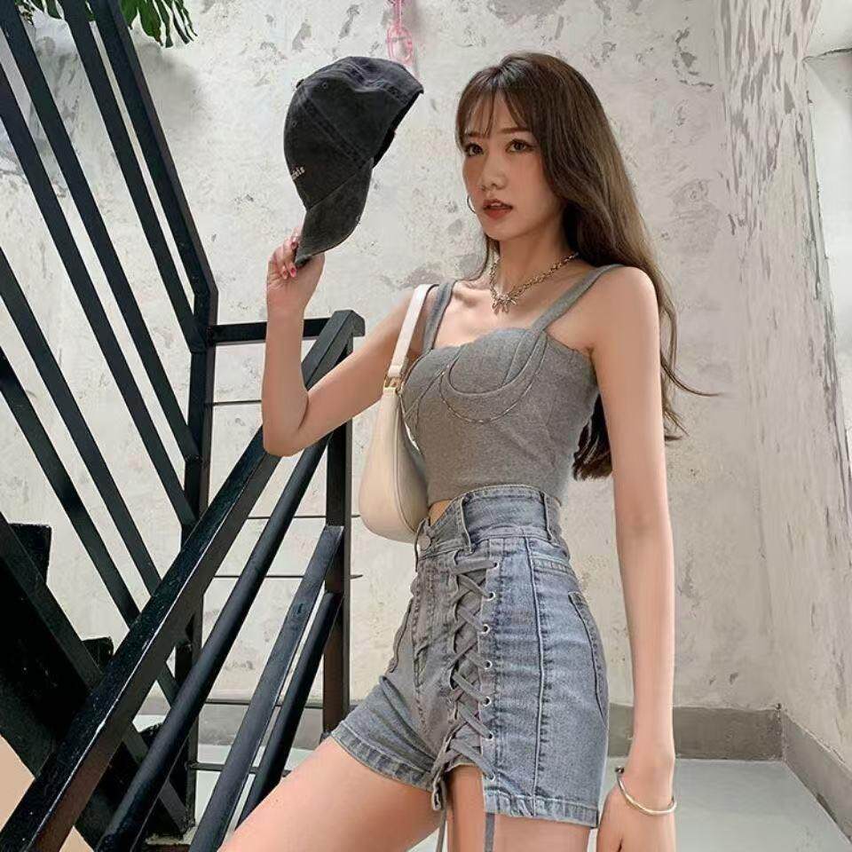 网红牛仔短裤女夏季2025新款绑带高腰显瘦辣妹a字时尚浅色热裤ins