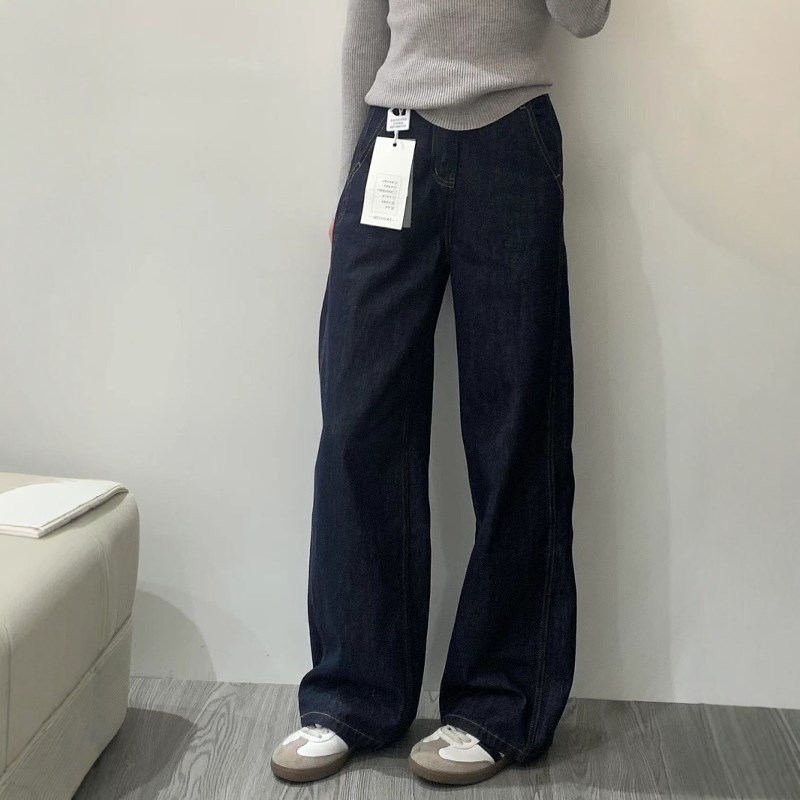 深蓝色牛仔裤女2024秋季新款高腰显瘦直筒裤梨型身材裤子粗腿宽胯