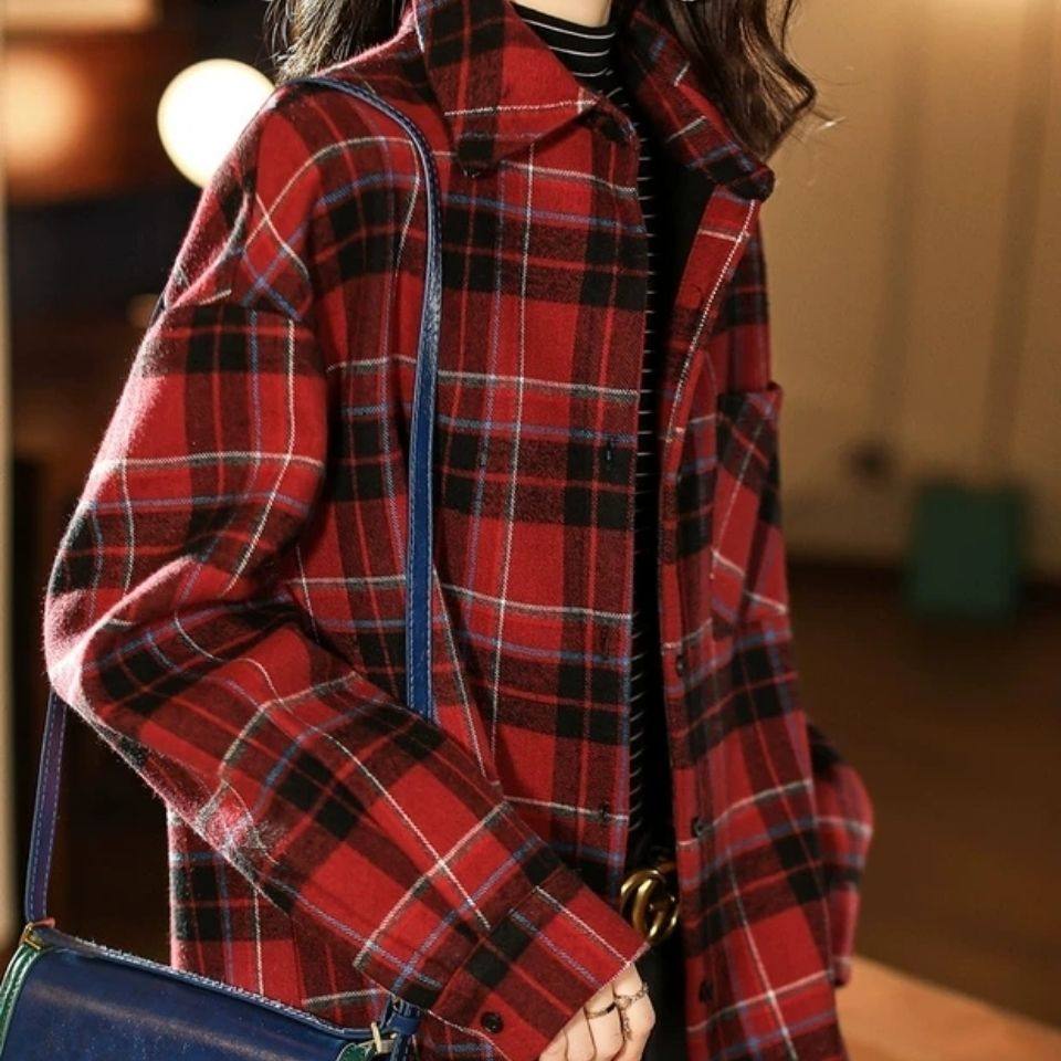 春秋磨毛长袖格子衬衫女2023新款大码衬衣宽松百搭休闲上衣外套