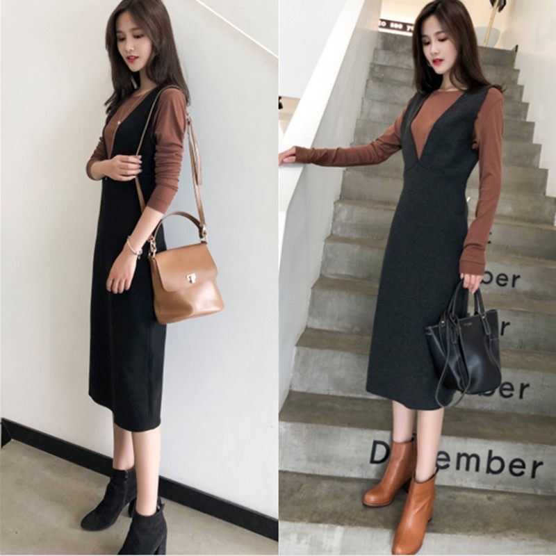 毛呢背带裙女2021新款秋冬显瘦打底连衣裙中长款背心裙过膝马甲裙