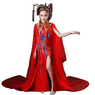 高端女童旗袍裙走秀礼服儿童拖尾连衣裙中国风复古国潮女孩演出服