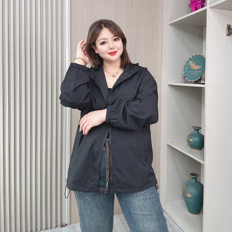 春秋连帽夹克上衣女大码女装胖mm宽松显瘦休闲百搭拉链短外套风衣