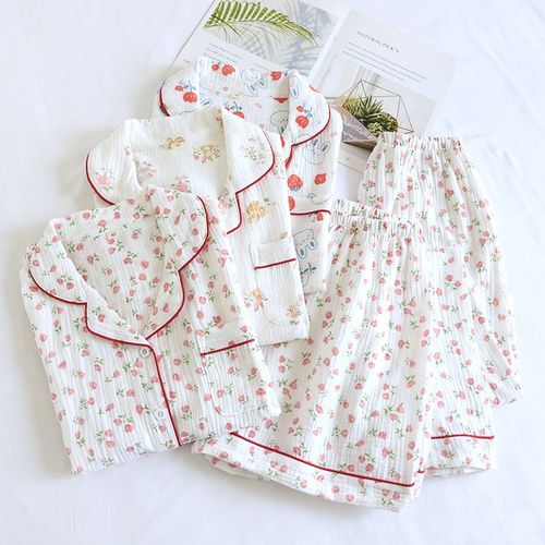 三件套睡衣女春夏纯棉纱布短袖长短裤薄款双层全棉婴儿棉纱家居服