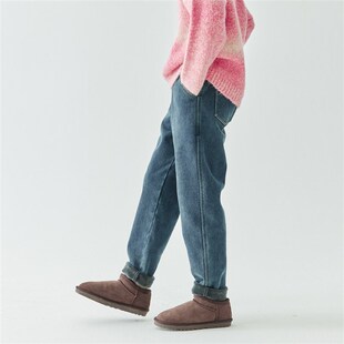 棵初2024年冬季新款儿童弹力加绒小脚牛仔裤女童水洗磨白复古长裤