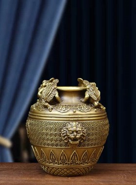 纯铜聚宝盆四方纳财缸金蟾招财罐坛子摆件日进斗金聚財位钱罐礼品