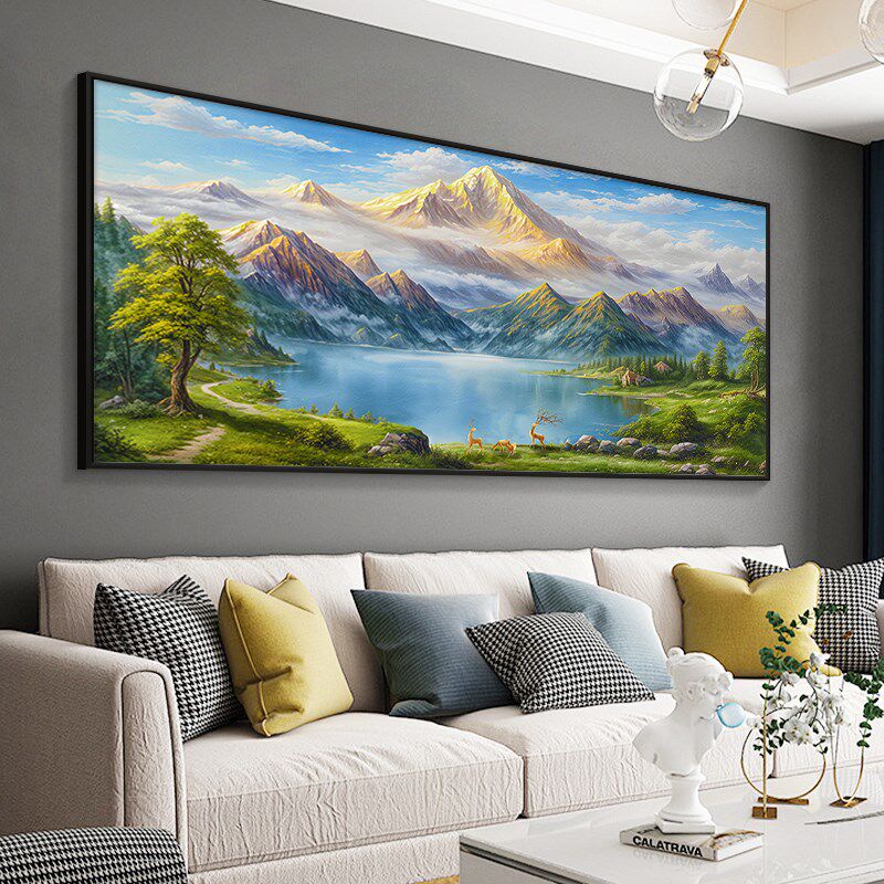 沙发风景装饰画聚财聚宝盆新款壁画背景墙2024客厅挂画山水画西墙