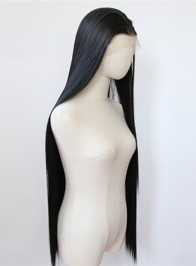 1米长自然黑色前蕾丝化纤大蕾丝高温丝假发COS超长直发整顶假发