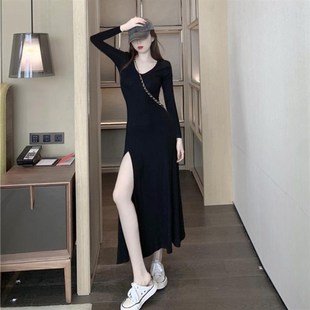 连衣裙收腰显瘦显高气质黑色长款 秋装 长袖 女大码 连衣裙 2020年新款