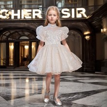 女童礼服高端亮片生日公主裙女孩婚纱走秀主持香槟短款演出服