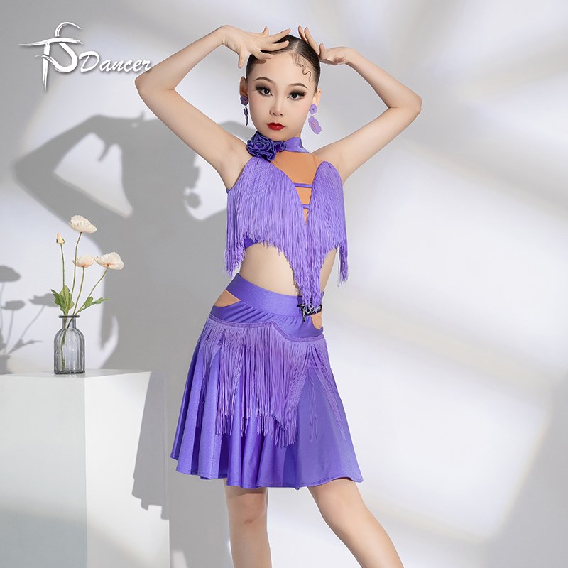 新款高端荧光黄流苏拉丁舞服分体比赛表演出服装专业舞蹈花服solo