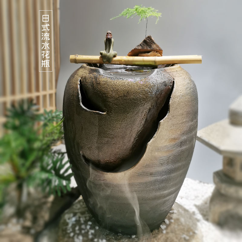 包邮日式庭院循环流水陶罐摆件室内阳台花园禅意石头水钵水景装饰