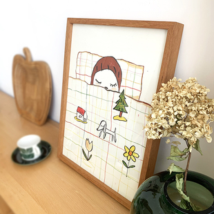 奈良美智卧室书房挂画可爱卡通儿童房客厅壁画日式实木相框装饰画