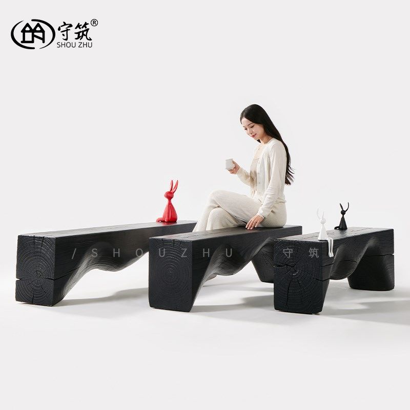 侘寂风原木长条凳碳化木黑色展示凳子民宿简约北欧实木休息换鞋凳,商业/办公家具,商用休闲凳,淘宝优惠券,粉丝福利购,淘宝优惠卷