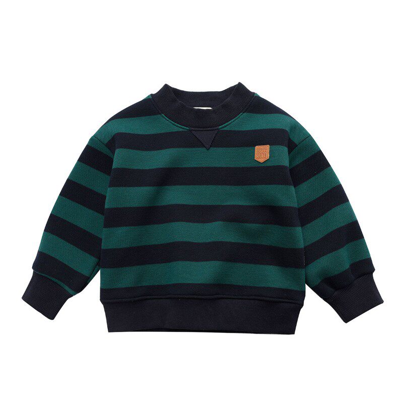 儿童珠地棉加绒卫衣男童女童条纹打底衫保暖上衣中大童秋冬款童装