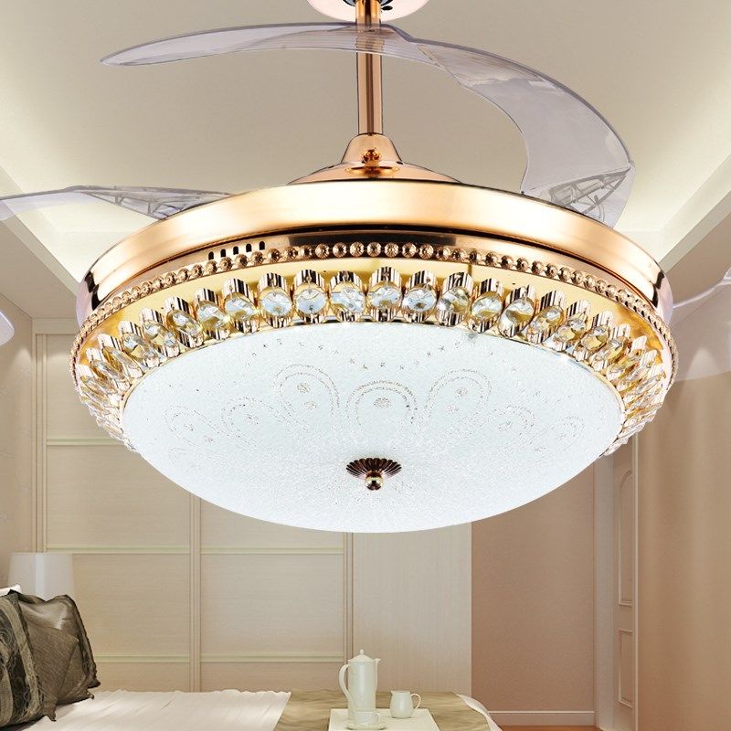 风扇灯金色水晶带灯吊扇灯隐形风扇吊灯大气餐厅客厅卧室电扇灯