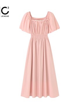 mc2粉色方领蝴蝶结装饰长款连衣裙女装2024夏季新款甜美气质高级