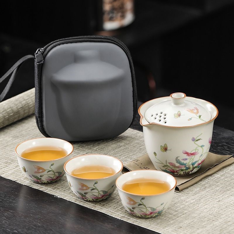 汝窑手抓茶壶功夫旅行茶具泡茶快客杯简约家用一壶三杯便携收纳包