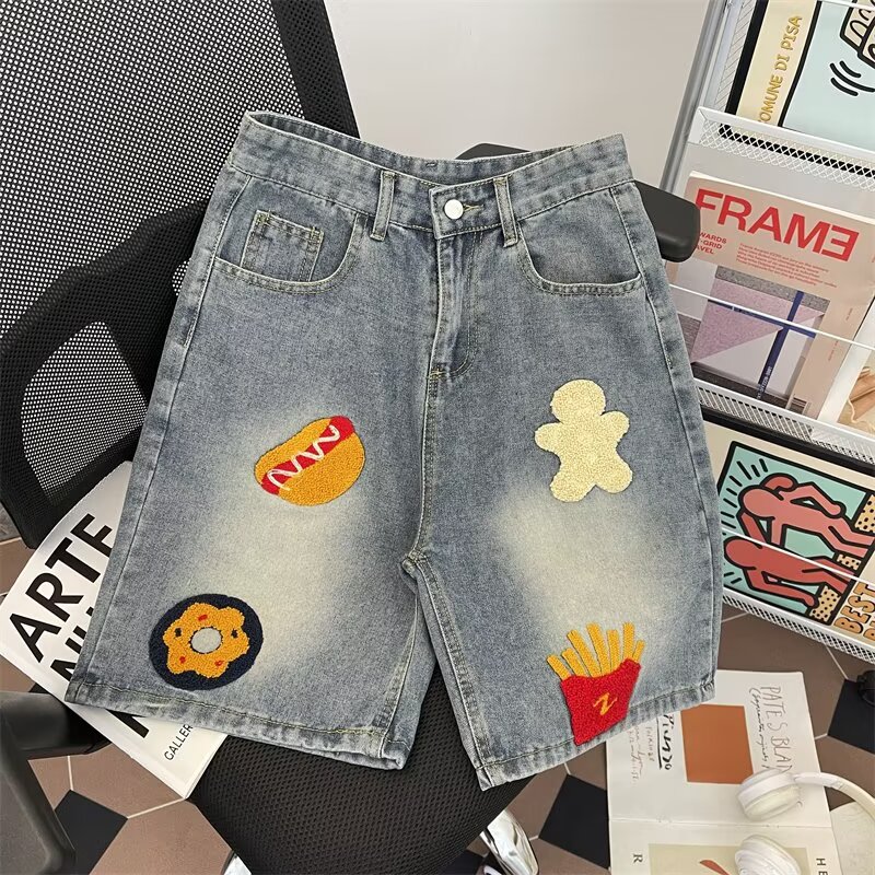 汉堡薯条刺绣牛仔短裤男款水洗做旧阔腿裤子潮牌炸街痞帅五分裤
