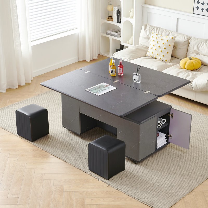 月入梦北欧岩板升降茶几小户型折叠伸缩大储物多功能茶几餐桌两用