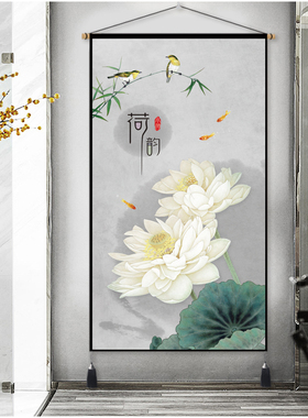 中式清新荷花挂画布艺挂毯客厅玄关墙壁挂画电表箱遮挡流苏装饰画